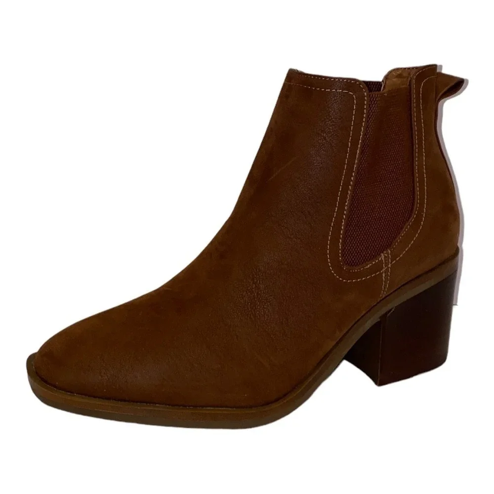 NEW Mia Smyth Cognac Faux Leather Heeled Ankle Bootie Pull On‎ Women 9M Outdoor